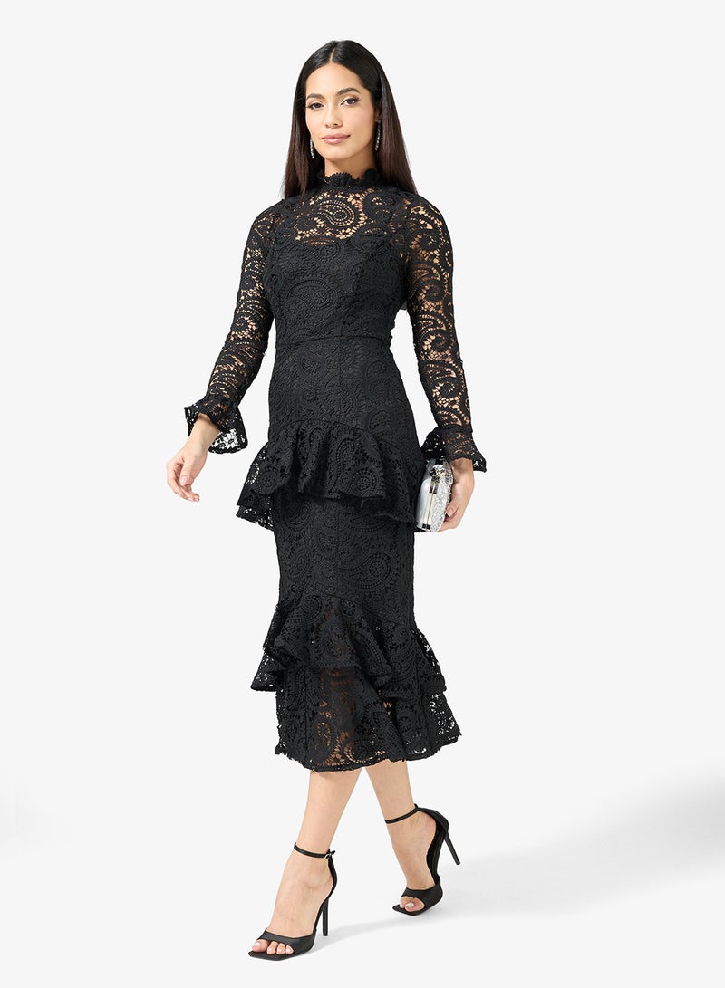 Maya Ruffle Lace Detail Bell Sleeve Midi Dress - Image 4