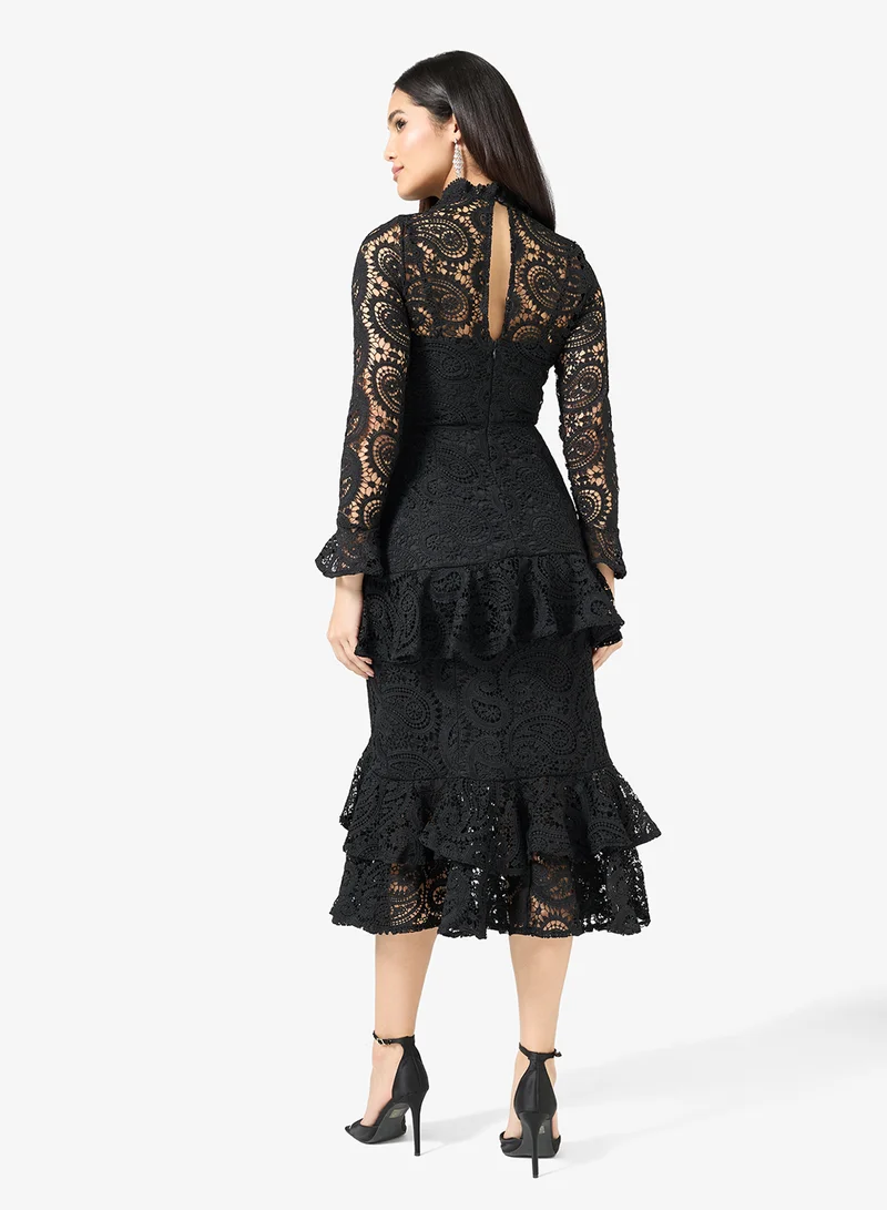 Maya Ruffle Lace Detail Bell Sleeve Midi Dress