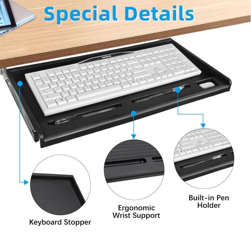 TOOCUST Under Desk Keyboard Tray, 20" Wx11"D Sturdy Key Board Tray Under Desk Slide with Pen Tray, Desk Extender with Pen Holder,Black - Image 3