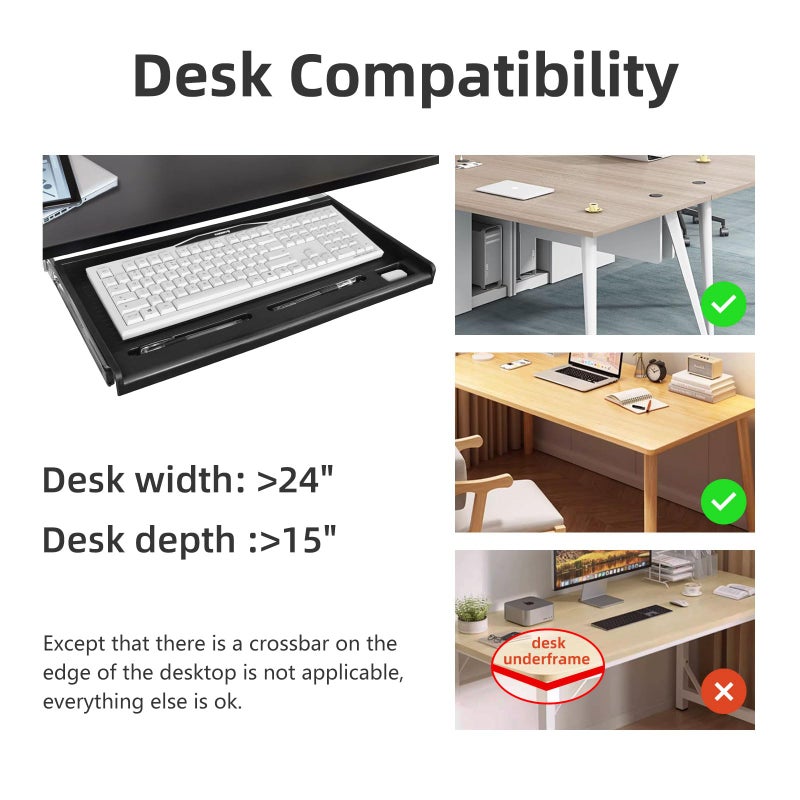 TOOCUST Under Desk Keyboard Tray, 20" Wx11"D Sturdy Key Board Tray Under Desk Slide with Pen Tray, Desk Extender with Pen Holder,Black - Image 4