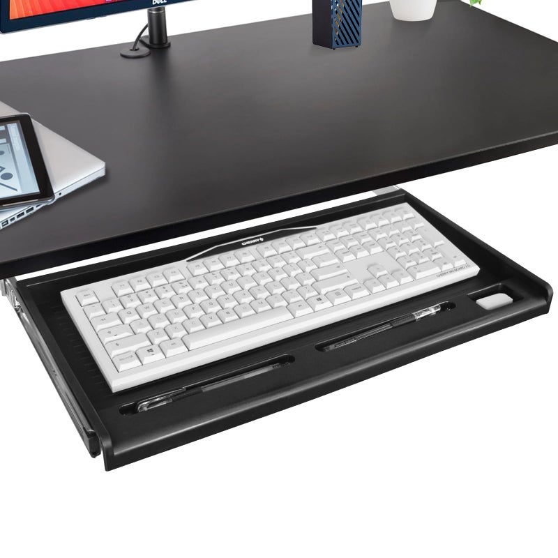 TOOCUST Under Desk Keyboard Tray, 20" Wx11"D Sturdy Key Board Tray Under Desk Slide with Pen Tray, Desk Extender with Pen Holder,Black - Image 1