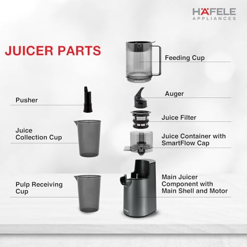 Hafele Magnus Prime Cold Press Juicer, 100mm Wide Chute, All-in-1 Fruit & Vegetable Juicer, 50RPM Speed for Max Nutrition,Maximum Extraction of Juice, 250W - Image 5