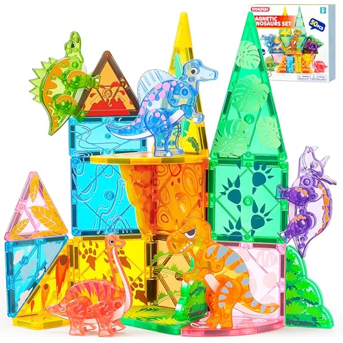 SYNCFUN Magnetic Building Tiles Dinosaur Set for Kids 50PCS Including 5 Cute Dinosaurs Educational STEM Toy for Boys Girls Ages 35 48 Christmas Birthday Party Gift for Toddlers - Image 1