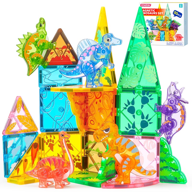 SYNCFUN Magnetic Building Tiles Dinosaur Set for Kids 50PCS Including 5 Cute Dinosaurs Educational STEM Toy for Boys Girls Ages 35 48 Christmas Birthday Party Gift for Toddlers - Image 2