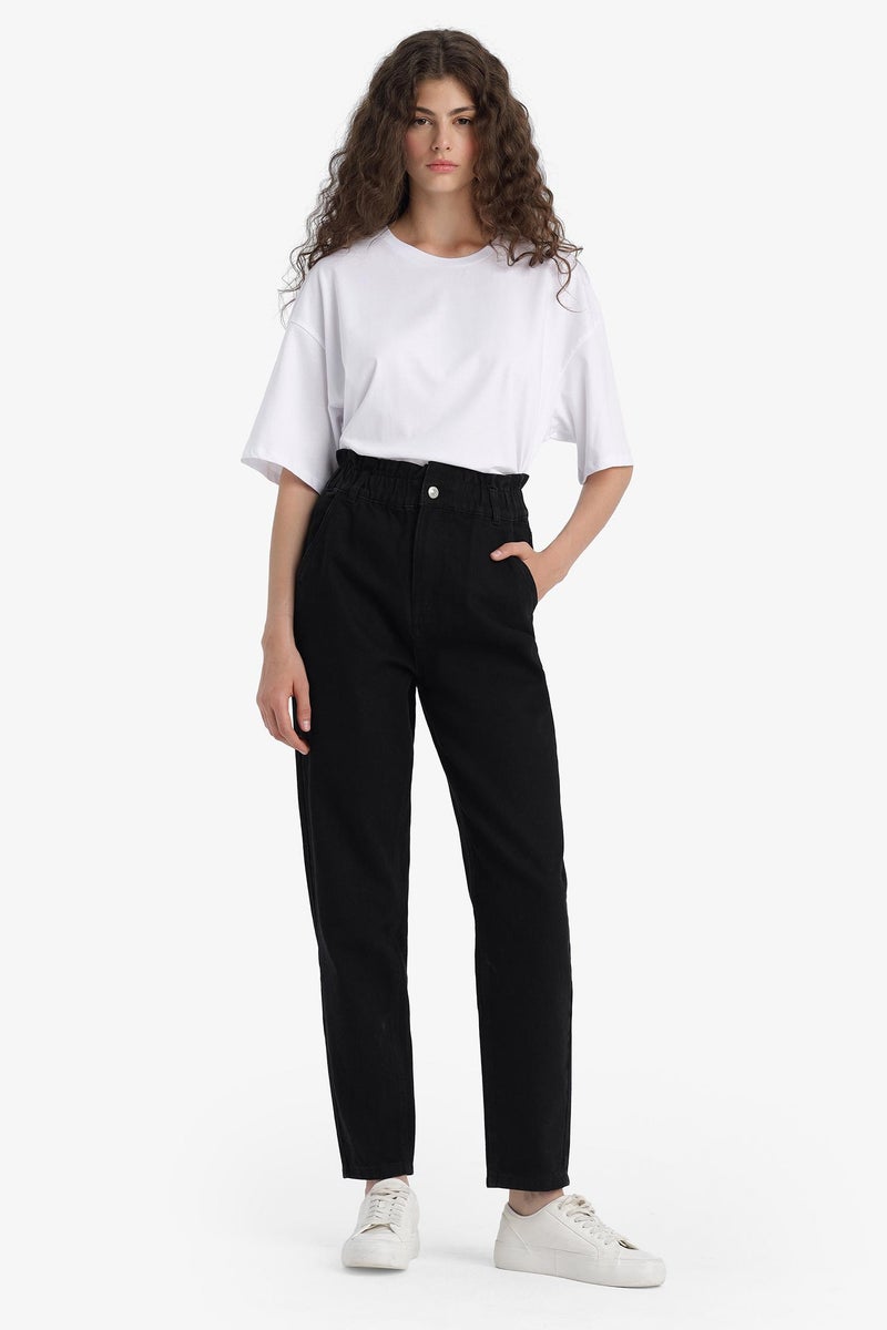 DeFacto Black Woman Paperbag Fit Regular Hem Jean Trousers Casual - Image 1