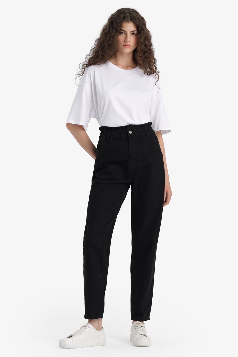 DeFacto Black Woman Paperbag Fit Regular Hem Jean Trousers Casual - Image 5