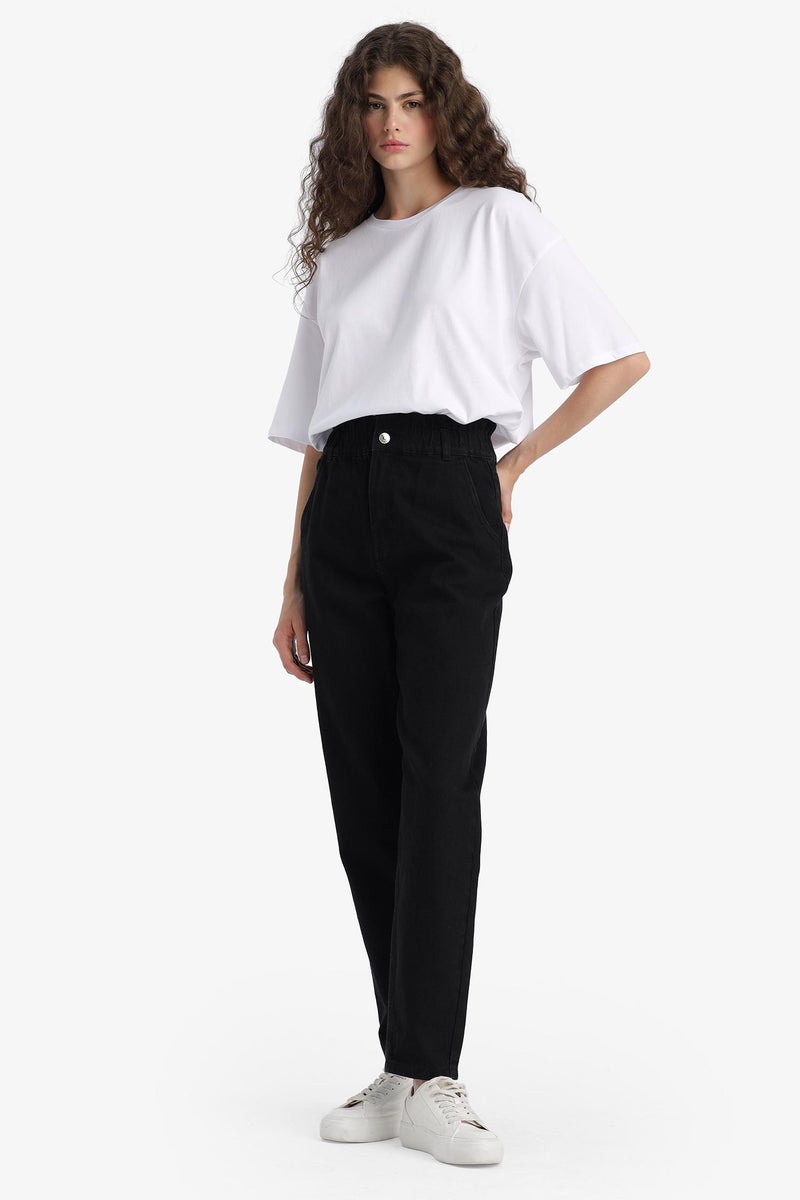 DeFacto Black Woman Paperbag Fit Regular Hem Jean Trousers Casual - Image 4