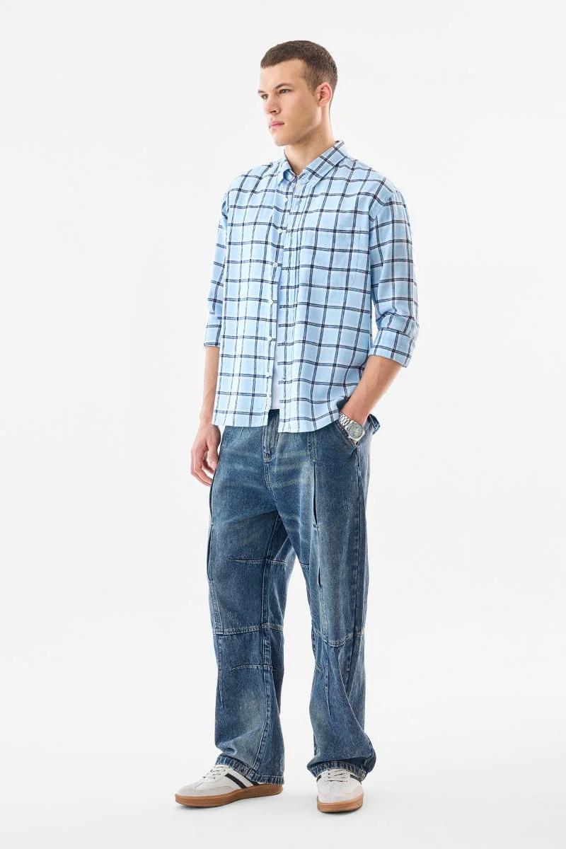 سنيتش Light Blue Checkered Long Sleeve Regular Fit Shirt