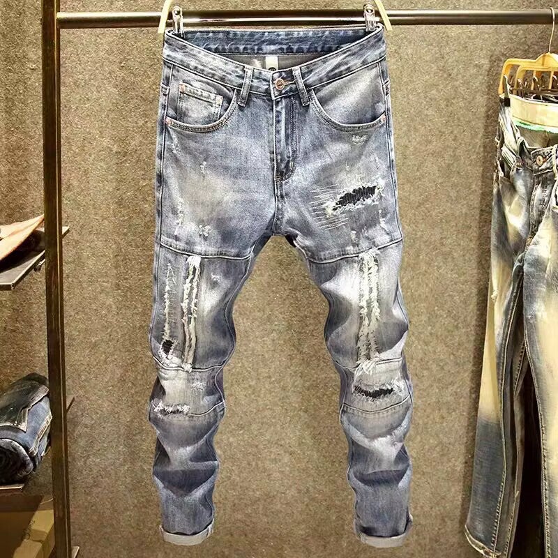 Mens Slim Fit Ripped Jeans with Patches 7767 [hole] Light Blue 