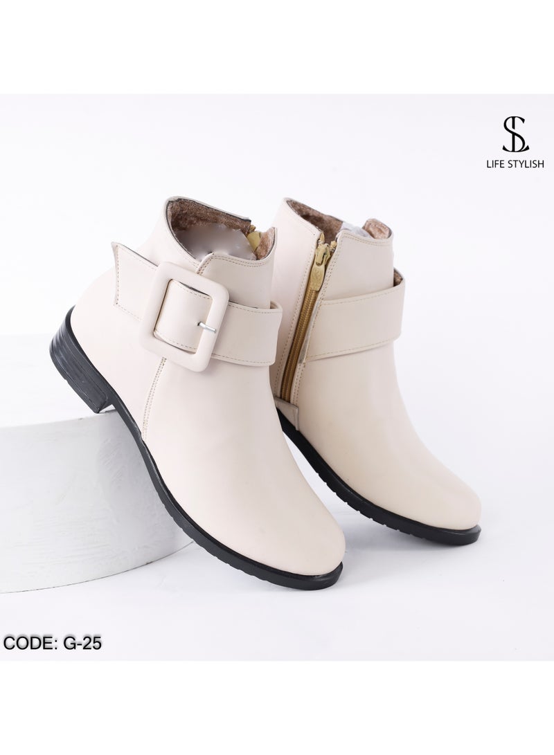 LIFESTYLISH Ankle Boot Leather With Zipper G-25 - Beige