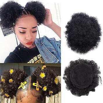 Quupy 8inch Black Big Afro Puff Drawstring Ponytail Hair Extenion Short Curly Hair Bun Pony Puff Synthetic Updo Hairpieces with Clip for Women Girls 1PC - Image 1