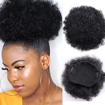Quupy 8inch Black Big Afro Puff Drawstring Ponytail Hair Extenion Short Curly Hair Bun Pony Puff Synthetic Updo Hairpieces with Clip for Women Girls 1PC - Image 4