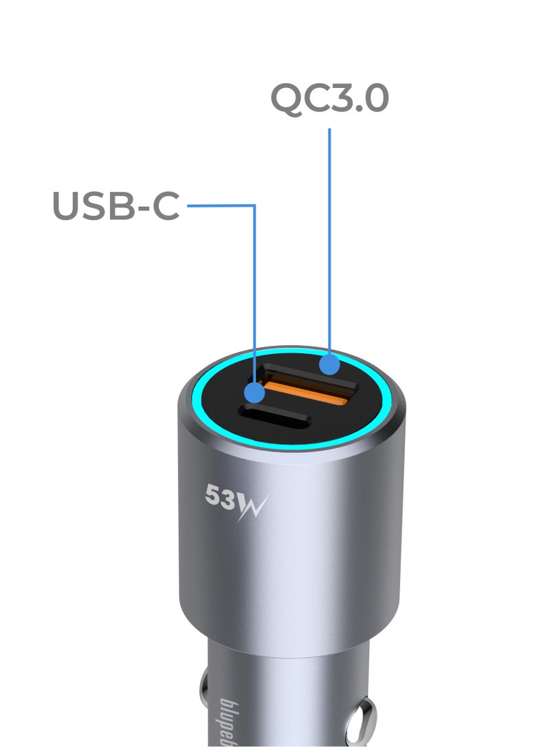 blupebble NaviPower 53W Dual Port Fast Car Charger | USB-C PD + USB-A QC 3.0 Adapter for iPhone 14/13 Series, iPad Pro, MacBook & Android Devices - Image 3