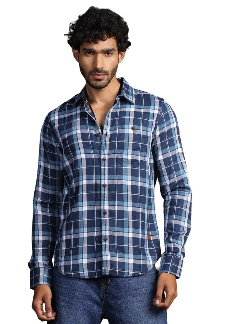 Thomas Scott Men 100% Cotton Slim Fit Checked Spread Collar Long Sleeves Casual Shirt_TS1315 (Blue,L) - Image 1