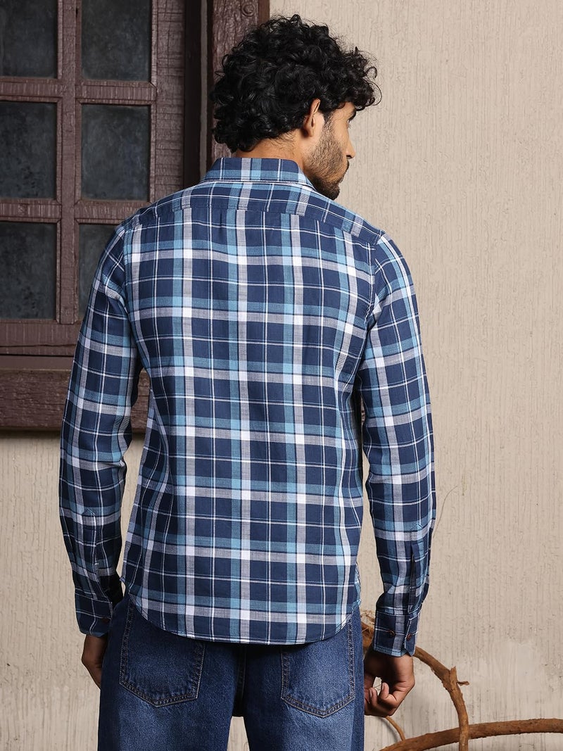 Thomas Scott Men 100% Cotton Slim Fit Checked Spread Collar Long Sleeves Casual Shirt_TS1315 (Blue,L) - Image 4