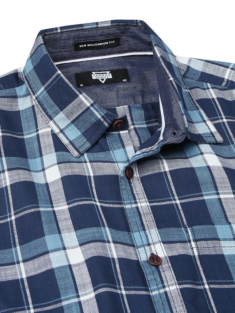Thomas Scott Men 100% Cotton Slim Fit Checked Spread Collar Long Sleeves Casual Shirt_TS1315 (Blue,L) - Image 5