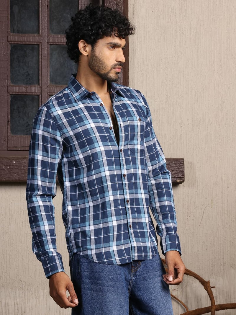 Thomas Scott Men 100% Cotton Slim Fit Checked Spread Collar Long Sleeves Casual Shirt_TS1315 (Blue,L) - Image 2
