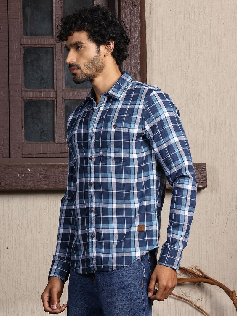 Thomas Scott Men 100% Cotton Slim Fit Checked Spread Collar Long Sleeves Casual Shirt_TS1315 (Blue,L) - Image 3