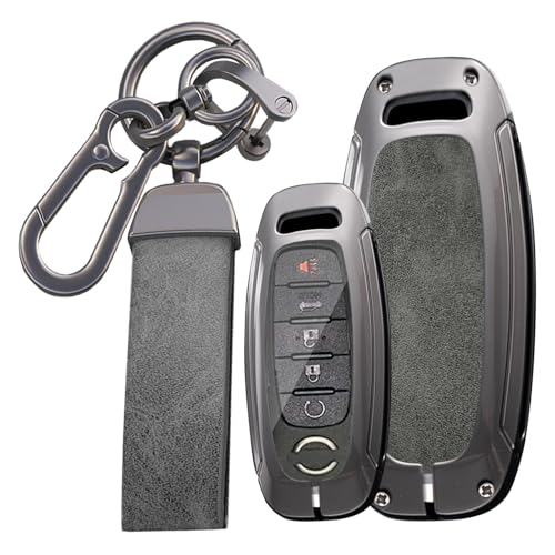 KUNIO 3/4/5 Button Leather Metal Car Key Fob Cover Case Fit for Nissan Rogue Pathfinder 2025 Altima Teana Kicks 2023 Sentra 2024 Key Protective Cover Key Holder Accessories Gray-Long Keychain - Image 1