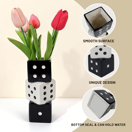 Tnstbiee Triple Dice Ceramic Vase – Elegant Black & White Decorative Vase for Home & Bar, Perfect for Flowers | Unique Centerpiece for Dining Table, Coffee Table & Entryway | Stylish Decor for Kitchen - Image 3