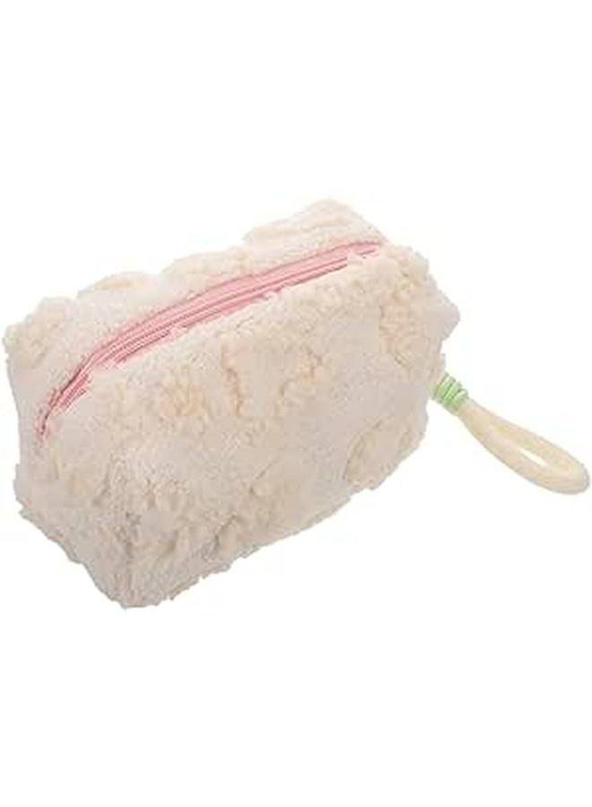 Large Capacity Plush Makeup Bag Travel Cosmetic Organizer With Handle Beige - Image 1