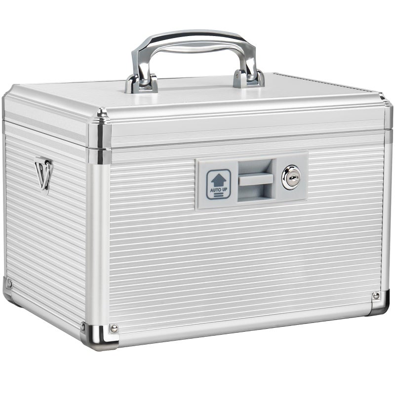 Lockbako Medicine Lock Box with Key, Alluminum Alloy Box for Medication,First Aid Box with a Removeable Tray to Store Medicines & Pills for Home, Silver 12 * 7.68 * 7.87 Inch - Image 1