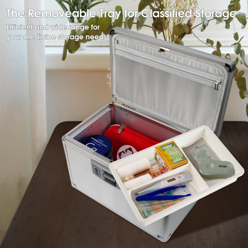 Lockbako Medicine Lock Box with Key, Alluminum Alloy Box for Medication,First Aid Box with a Removeable Tray to Store Medicines & Pills for Home, Silver 12 * 7.68 * 7.87 Inch - Image 3