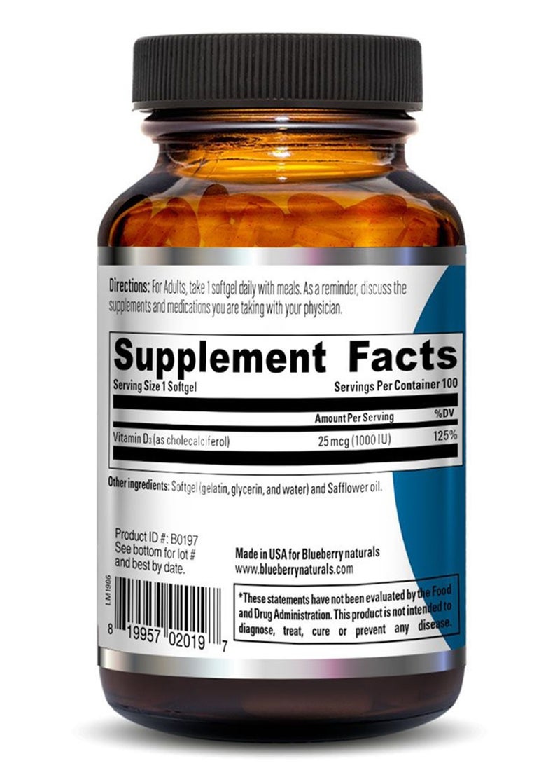 blueberry NATURALS - فيتامين د3 1000 وحدة دولية سوفتغيل 100 كبسولة - Image 1