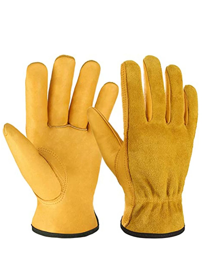 KASTWAVE Leather Work Gloves, Tough Cowhide Gardening Glove for Wood Cutting Construction Truck Driving Garden Yard Working for Men and Women 1 Pair (Gold, Medium)  - Image 1
