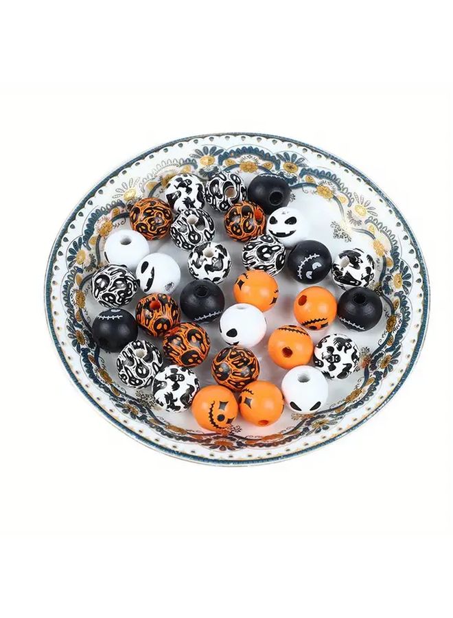 20 Pcs Halloween Beads 16mm Round Wooden Beads with Spider Web And Skull Designs Black Orange Style 6 Halloween Decorations Characters DIY Bracelets Juggling Accessories - Image 5