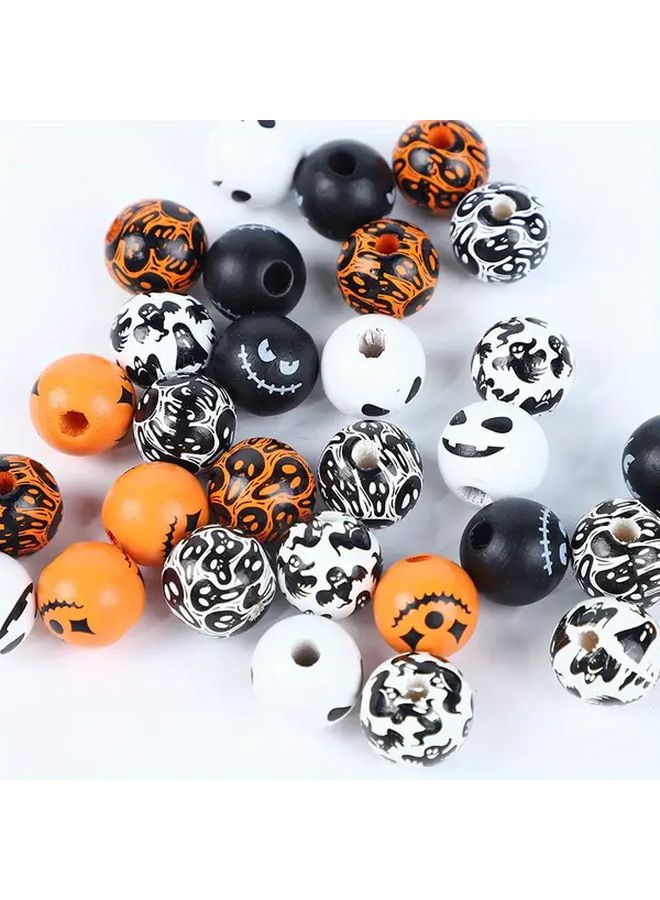 20 Pcs Halloween Beads 16mm Round Wooden Beads with Spider Web And Skull Designs Black Orange Style 6 Halloween Decorations Characters DIY Bracelets Juggling Accessories - Image 1