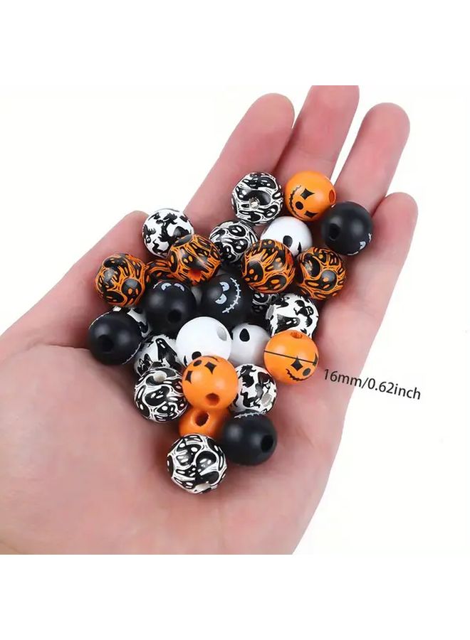 20 Pcs Halloween Beads 16mm Round Wooden Beads with Spider Web And Skull Designs Black Orange Style 6 Halloween Decorations Characters DIY Bracelets Juggling Accessories - Image 4