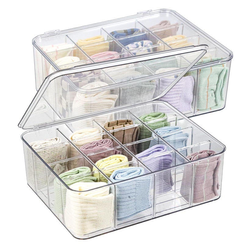 ZEXALOR Plastic Clear Storage Containers Set of 2 Sock Organizer Divided Boxes with Lids Underwear Drawer Organizer Tie Dresser Organizer 1189439 - Image 2