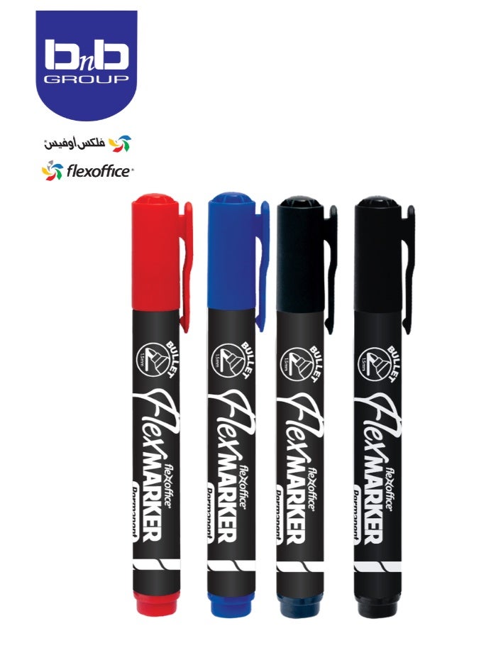 FLEXOFFICE Permanent Marker  Assorted, 4 pcs/PP box, 1.5 mm Point Size - Image 1