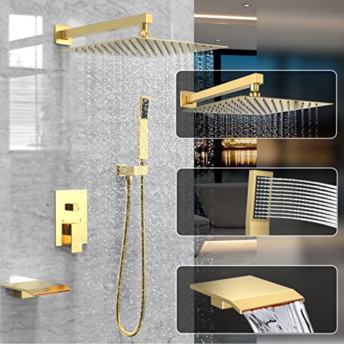 Dlvsoby Rain Shower System 12 inch Shower Faucet Set with Tub Spout,Bathroom Wall Mounted Waterfall Shower Head Bath tub Faucet Sets Complete with Handheld Spray,Included Valve Body and Trim kit,Brushed Gold - Image 2