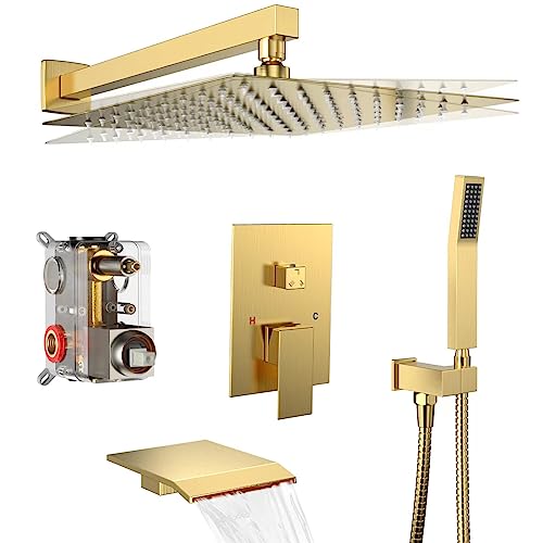 Dlvsoby Rain Shower System 12 inch Shower Faucet Set with Tub Spout,Bathroom Wall Mounted Waterfall Shower Head Bath tub Faucet Sets Complete with Handheld Spray,Included Valve Body and Trim kit,Brushed Gold - Image 1