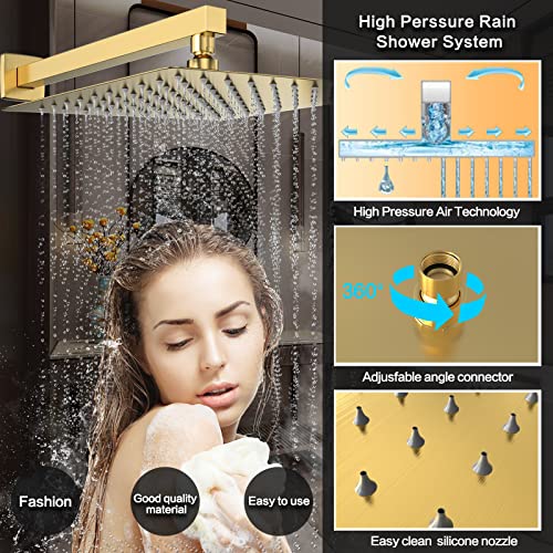 Dlvsoby Rain Shower System 12 inch Shower Faucet Set with Tub Spout,Bathroom Wall Mounted Waterfall Shower Head Bath tub Faucet Sets Complete with Handheld Spray,Included Valve Body and Trim kit,Brushed Gold - Image 5