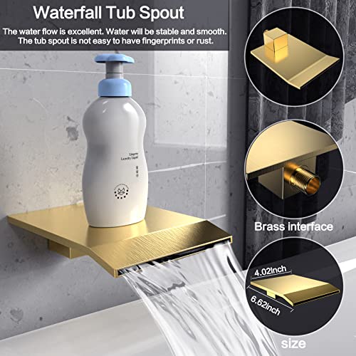 Dlvsoby Rain Shower System 12 inch Shower Faucet Set with Tub Spout,Bathroom Wall Mounted Waterfall Shower Head Bath tub Faucet Sets Complete with Handheld Spray,Included Valve Body and Trim kit,Brushed Gold - Image 3