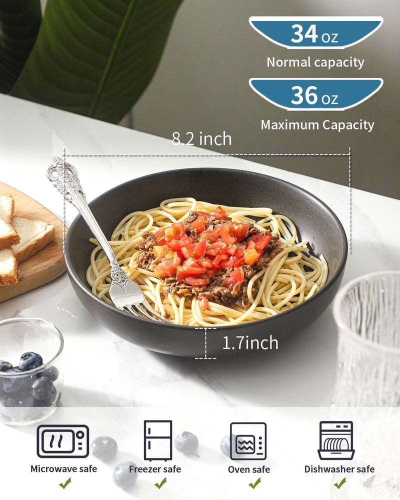 Tikooere Stoneware Pasta Bowls, 34 oz Large Salad Bowl Set of 4, Ceramic Serving Bowls for Ramen, Pasta, Fruit, Cereal, Dinner, Wide and Shallow Bowls, Microwave & Dishwasher Safe, Matte Black - Image 3
