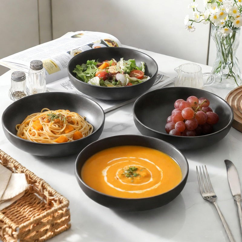 Tikooere Stoneware Pasta Bowls, 34 oz Large Salad Bowl Set of 4, Ceramic Serving Bowls for Ramen, Pasta, Fruit, Cereal, Dinner, Wide and Shallow Bowls, Microwave & Dishwasher Safe, Matte Black - Image 2