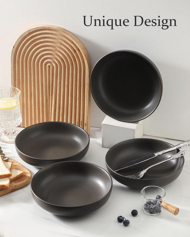 Tikooere Stoneware Pasta Bowls, 34 oz Large Salad Bowl Set of 4, Ceramic Serving Bowls for Ramen, Pasta, Fruit, Cereal, Dinner, Wide and Shallow Bowls, Microwave & Dishwasher Safe, Matte Black - Image 4