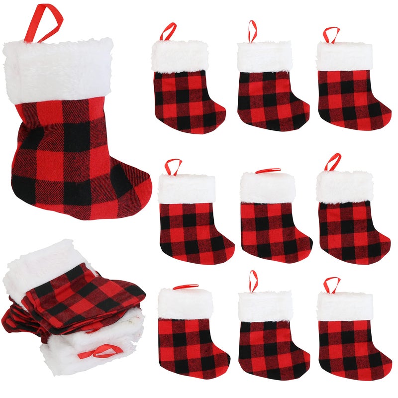 Iconikal 24Pack Mini Christmas Stockings 6Inch Red Buffalo Plaid Decoration Ornament