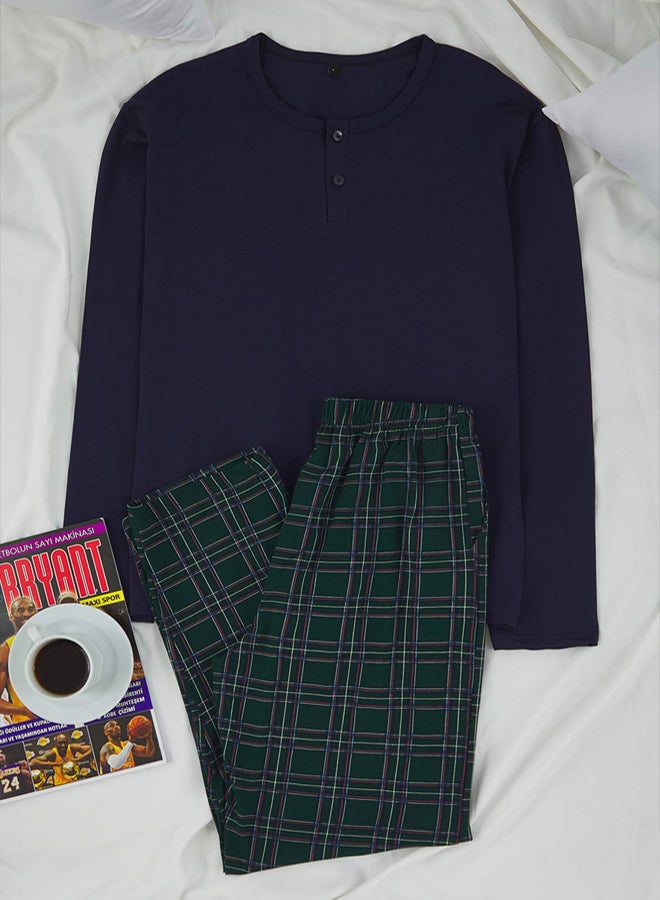 trendyol Navy Blue Regular Buttoned Collar Plaid Knitted Pajama Set - Image 1