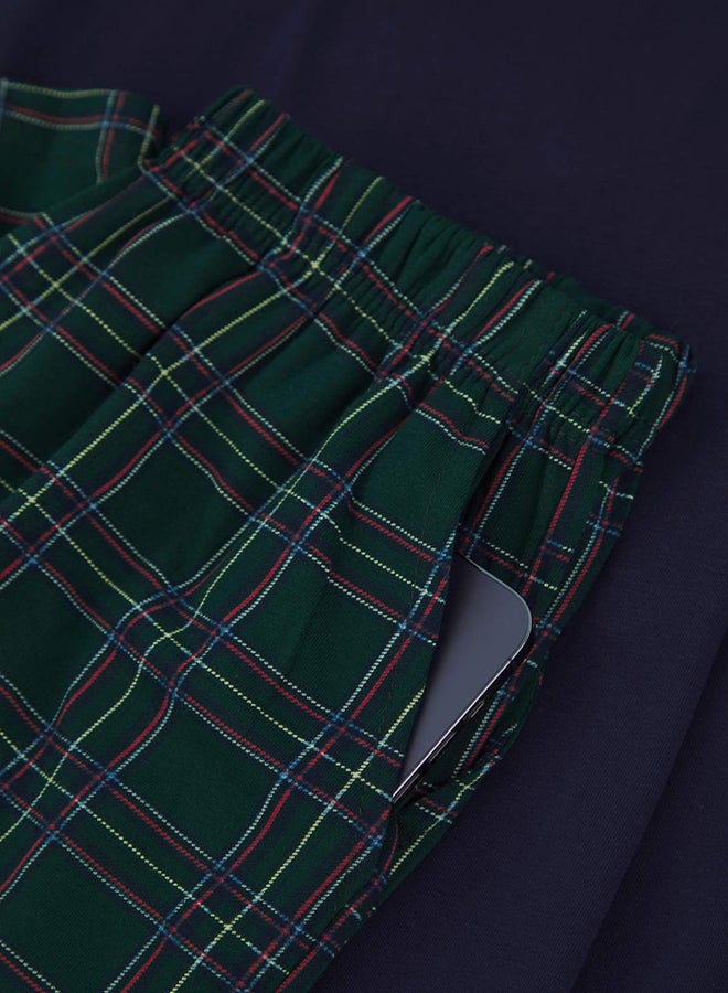 trendyol Navy Blue Regular Buttoned Collar Plaid Knitted Pajama Set - Image 3