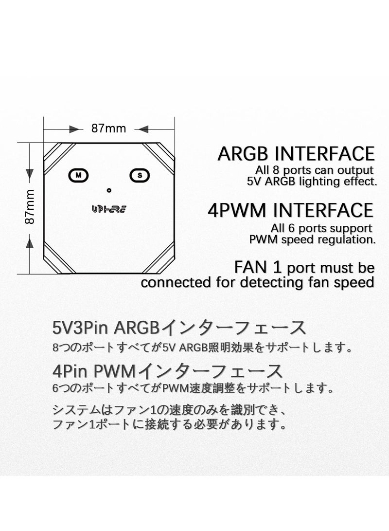 Fan Hub Controller/Splitter for 4-Pin & 3-Pin PC Cooling Fans, PWM Addressable RGB Fan Controller,Powering Up to 14 Fans, with SATA Interface Power Supply, Reset Button line, FH14-5V - Image 4