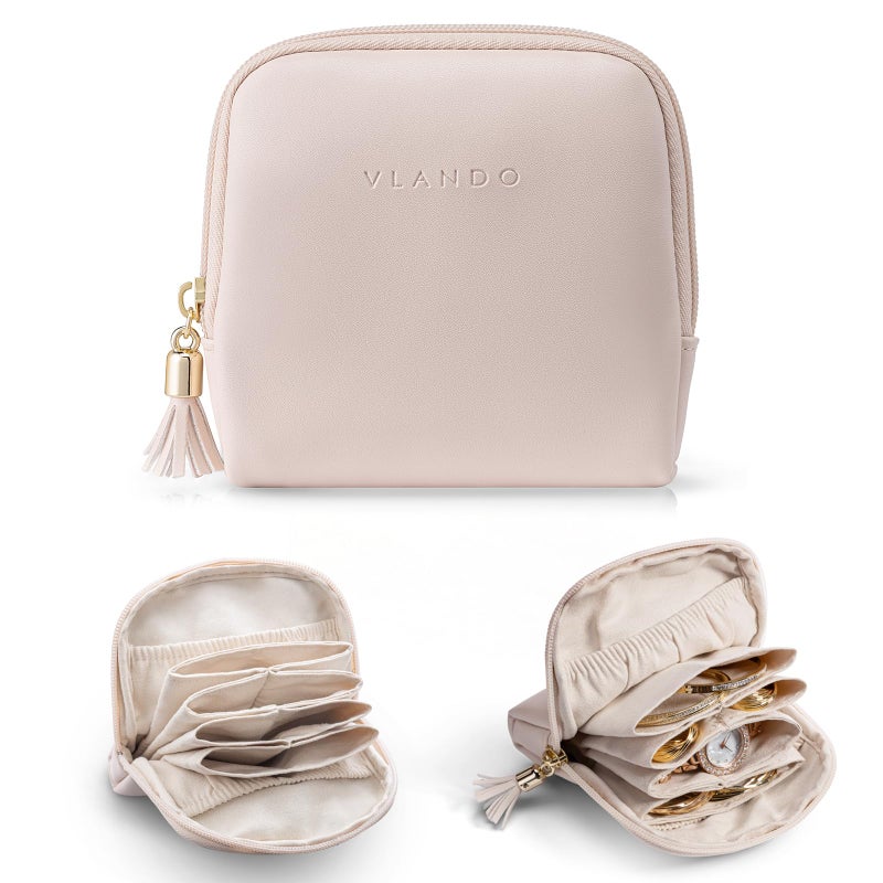VLANDO Small Travel Jewelry Organizer,Bridesmaid Gifts,Jewelry Pouch Bags,Velvet Jewelry Storage Bag for Bracelet Rings Earring,Portable Jewelry Travel Case for Traveler-Apricot Pink - Image 1