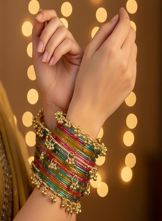 BANGLESKART مجموعة أساور زجاجية متعددة الألوان من بانغلسكارت، 16 قطعة، مرصعة بخرزات شفافة مع تعليقات ذهبية رقيقة، مجوهرات تقليدية للنساء متعددة الألوان - Image 5