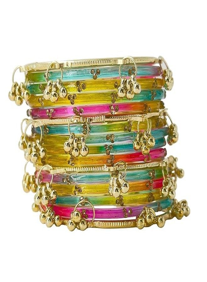 BANGLESKART مجموعة أساور زجاجية متعددة الألوان من بانغلسكارت، 16 قطعة، مرصعة بخرزات شفافة مع تعليقات ذهبية رقيقة، مجوهرات تقليدية للنساء متعددة الألوان - Image 1