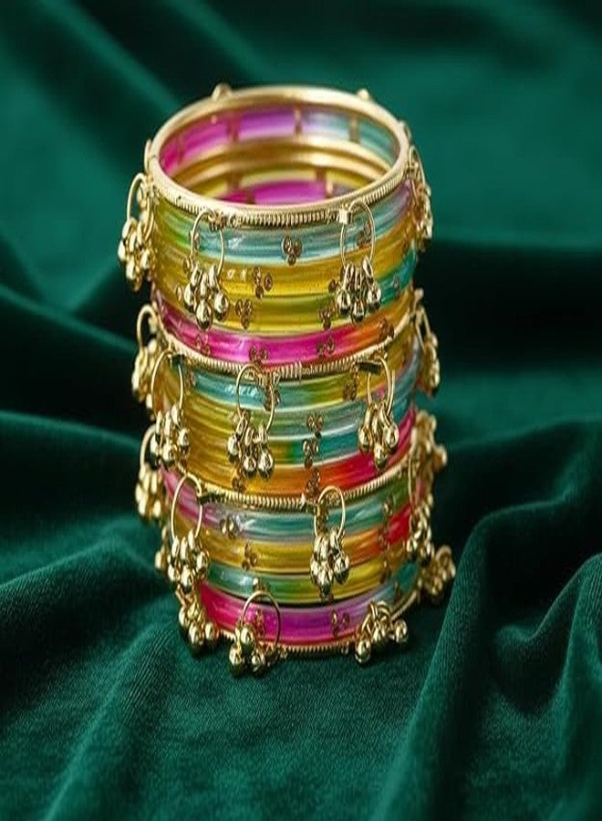 BANGLESKART مجموعة أساور زجاجية متعددة الألوان من بانغلسكارت، 16 قطعة، مرصعة بخرزات شفافة مع تعليقات ذهبية رقيقة، مجوهرات تقليدية للنساء متعددة الألوان - Image 4
