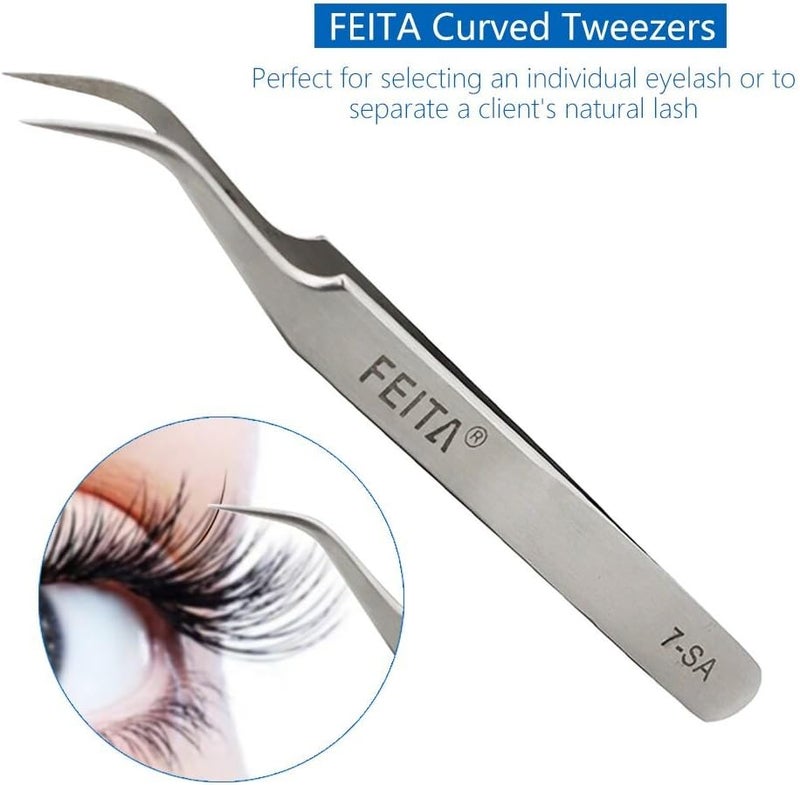 FEITA Precision Tweezers Professional Stainless Steel Straight Curved Pointed Very Fine Tips Tweezer set for Eyelash Extension Lash Extensions Hair Plucking Silver 2Pcs - Image 2
